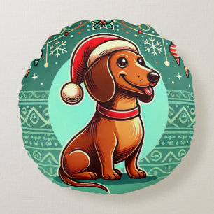 Almofada Redonda Dachshund Festivo Usando Chapéu de Papai Noel
