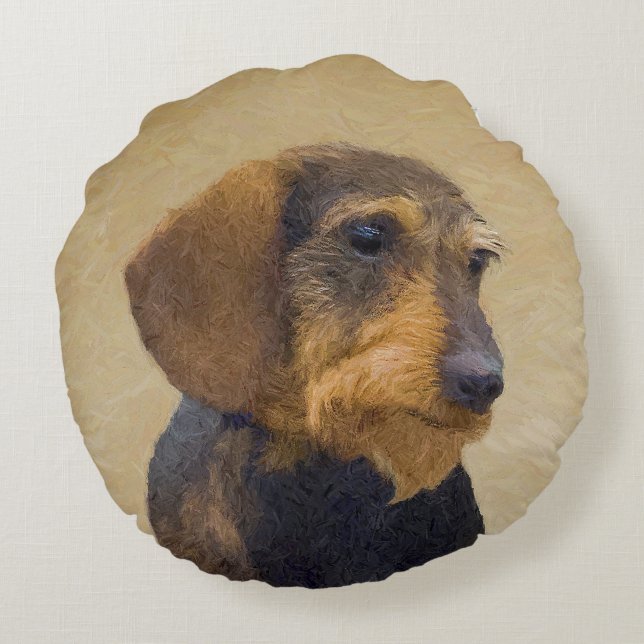 Almofada Redonda Dachshund (Wirehaired) Pintura Original para Cacho (Verso)