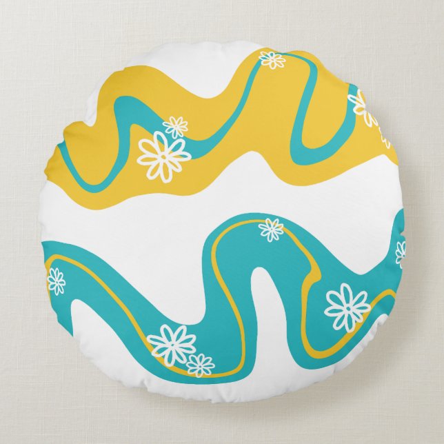 Almofada Redonda Daisy Groove - Turquesa e amarelo (Frente)
