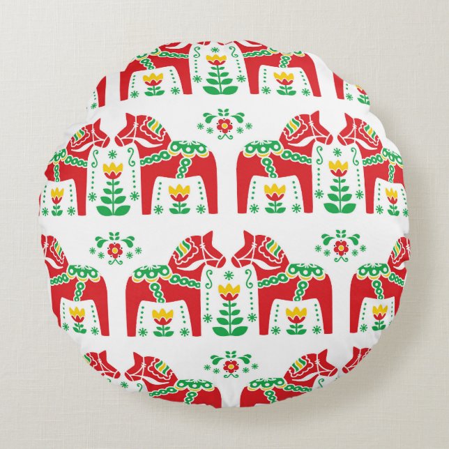 Almofada Redonda Dala Horse Sueco: Arte Folk (Frente)