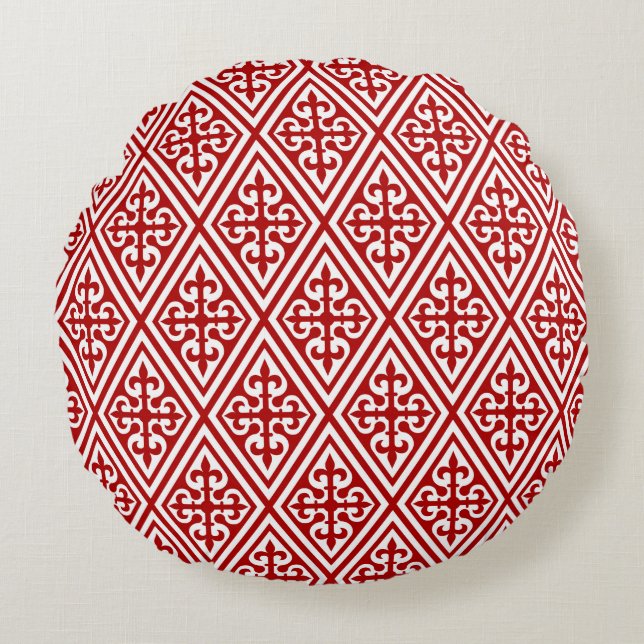 Almofada Redonda Damáscara Cruzada Medieval - Vermelho Profundo e B (Frente)