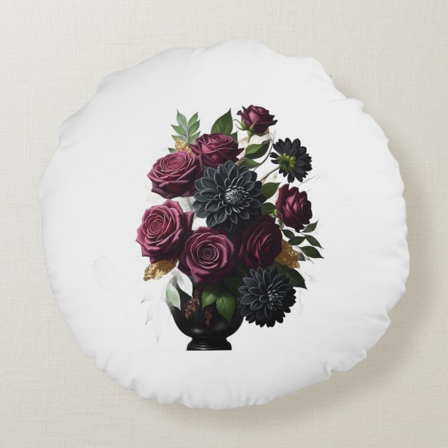 Almofada Redonda Dark Burgundy Roses and Black Dahlias (Verso)