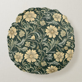 Almofada Redonda Dark green stylized yellow flowers  pattern 