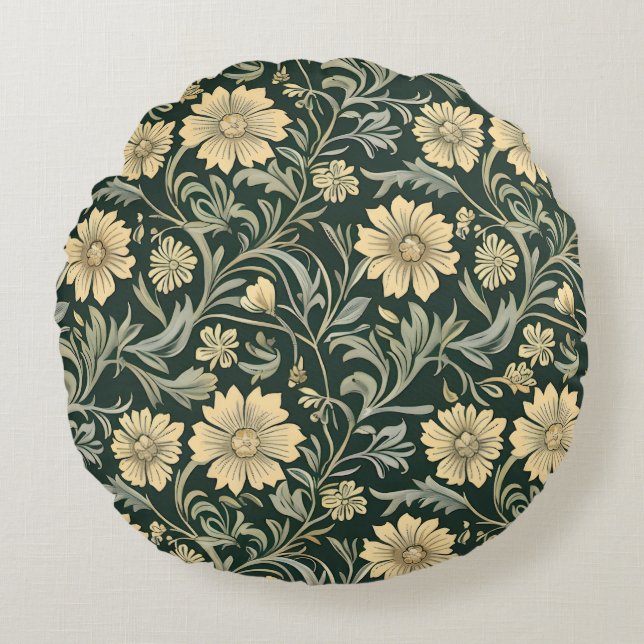 Almofada Redonda Dark green stylized yellow flowers  pattern  (Frente)