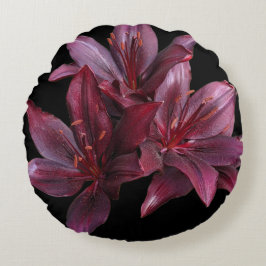 Almofada Redonda Dark Red Asiatic Lilies on Black Floral
