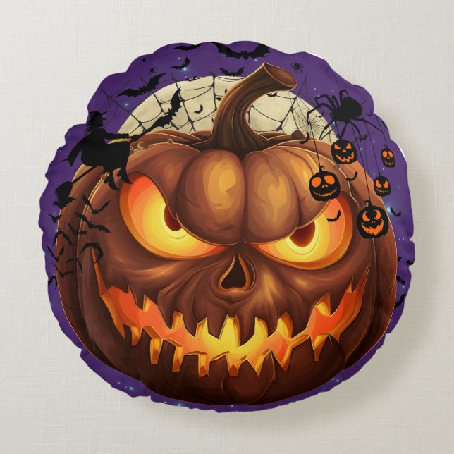 Almofada Redonda de Abóbora Assustadora de Hallowe (Frente)