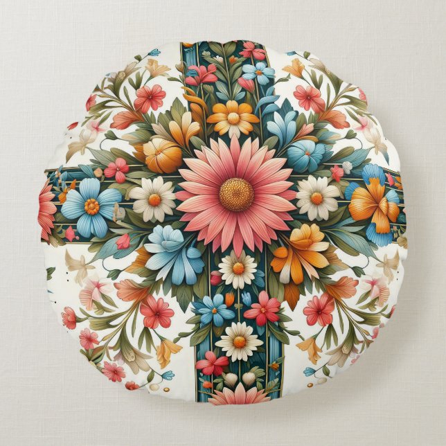 Almofada Redonda de Arte Popular Floral - Boho Col (Frente)