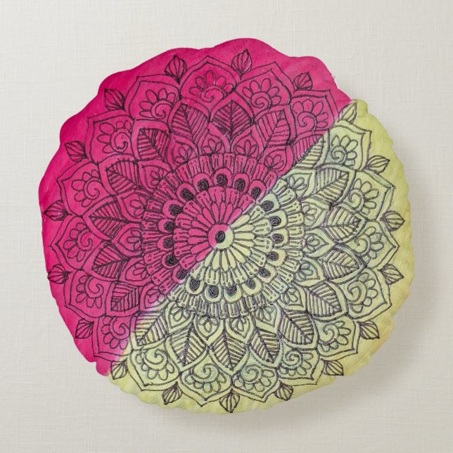Almofada Redonda de Lançar com Mandala Rosa e Ama (Verso)