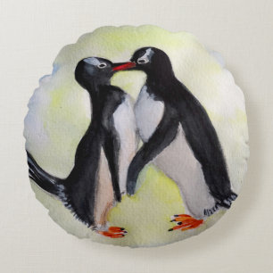 Almofada redonda de poliéster escovado de pinguins