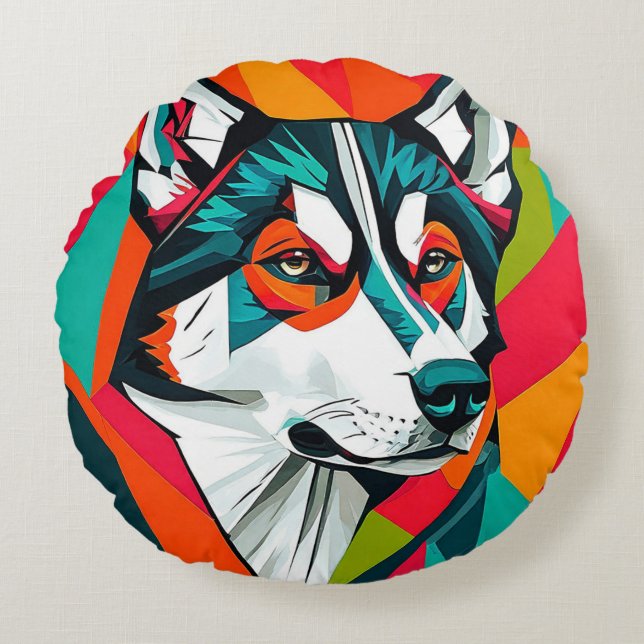 Almofada Redonda 🐺 Decoração de Husky para Casa de Amante de Cães  (Frente)