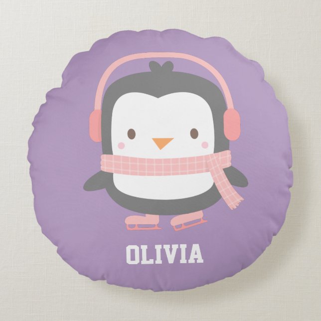 Almofada Redonda Decoração de quarto de meninas com pinguim fofo co (Frente)