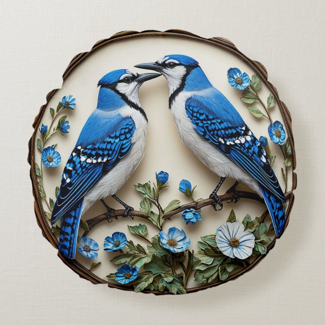 Almofada Redonda 🌿 Decoração de Sala de Estar com Pássaro Azul 🐦✨ (Frente)