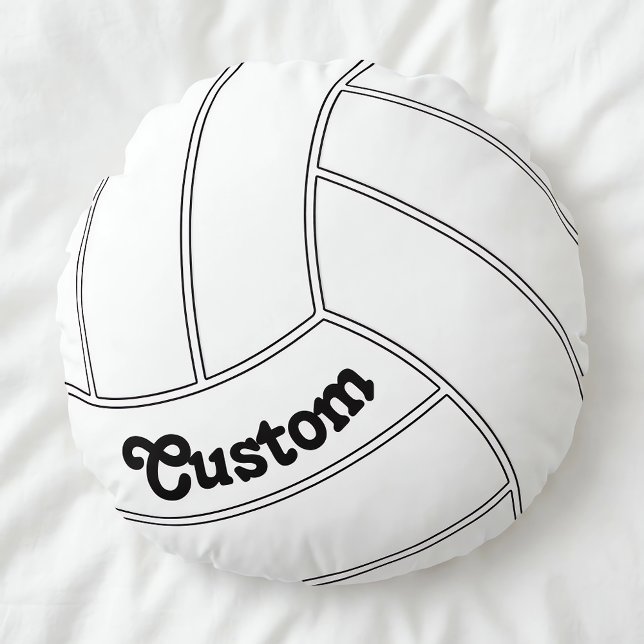 Almofada Redonda Decorativa de Volei Personalizada (Customizable round volleyball pillow on white duvet.)