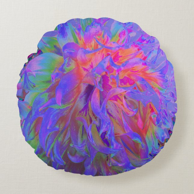 Almofada Redonda Decorativa Psicodélica Elegante Dahlia Flower (Frente)