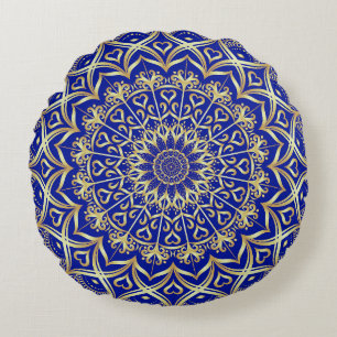 Almofada Redonda Decorativo Elegante Blue e Dourado Mandala