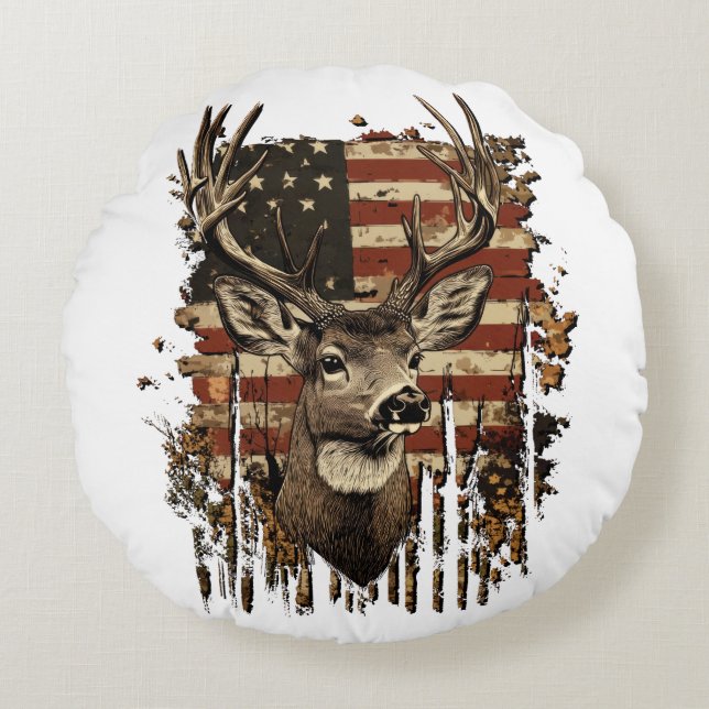 Almofada Redonda Deer, Buck Season USA Flag (Frente)