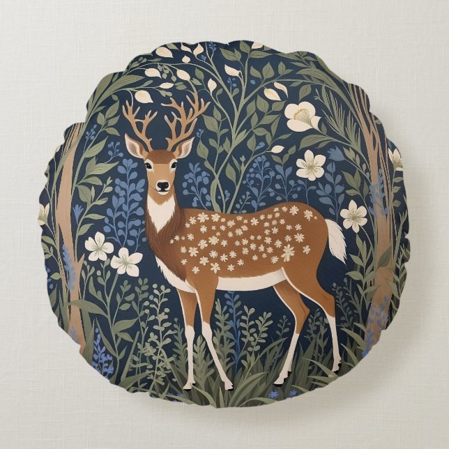 Almofada Redonda Deer In Bluebell Forest William Morris Inspirou (Frente)
