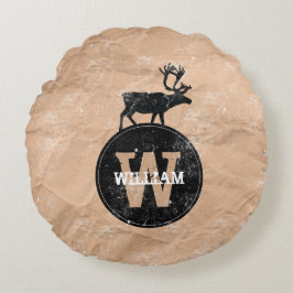 Almofada Redonda Deer Monogramas - Papel castanho-marrom, russo, af