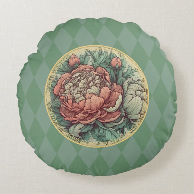 Almofada Redonda Delicioso Art Nouveau Peonies (Frente)