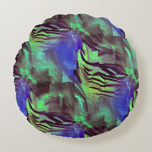 Almofada Redonda Desenho abstrato do mosaico rústico verde e azul (Frente)