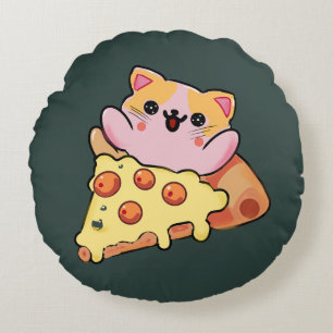 Almofada Redonda Desenho animado de gato Kawaii abraçando pizza de
