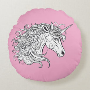 Almofada Redonda Desenho da cabeça do Unicórnio (PINK BGRD)