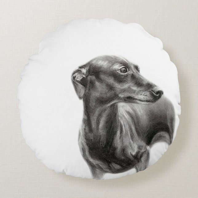 Almofada Redonda Desenho de carvão vegetal de galgos (Frente)