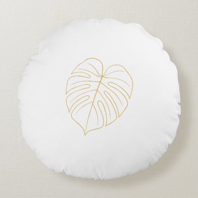 Almofada Redonda Desenho de Folha de Monstera Dourado.  (Frente)