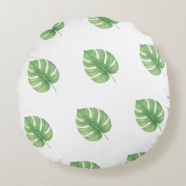 Almofada Redonda Desenho de Folha de Monstera Verde. 