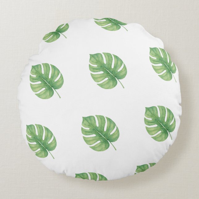 Almofada Redonda Desenho de Folha de Monstera Verde.  (Frente)