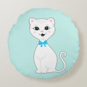 Almofada Redonda Desenho de gato branco inteligente fofo