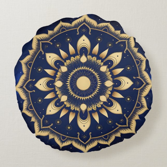 Almofada Redonda Desenho de Mandala da Lua Celestial | Azul Marinho (Verso)