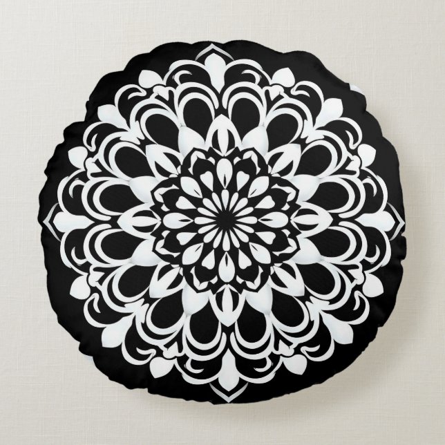 Almofada Redonda Desenho de Mandala Preto e Branco (Frente)