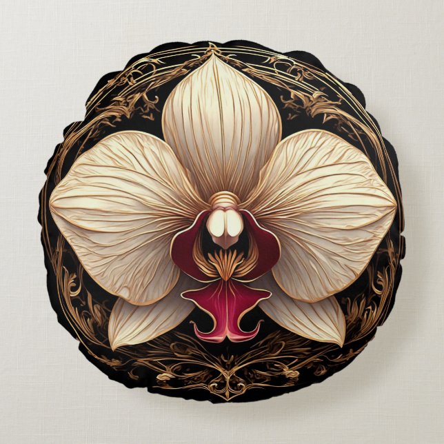 Almofada Redonda Desenho de Orquídea Dourada Elegante (Frente)