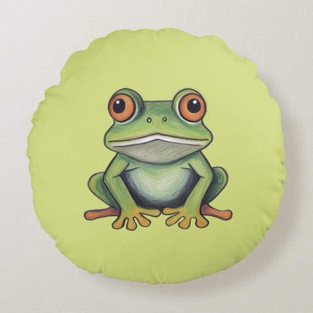 Almofada Redonda Desenho de sapo com lápis de cor (Frente)