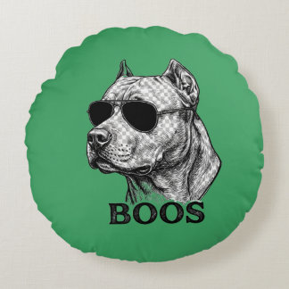 Almofada Redonda Desenho de tatuagem de Pitbull com óculos de sol B