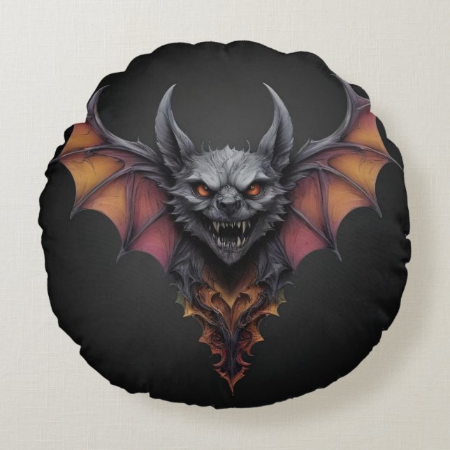 Almofada Redonda Desenho de Tinta de Morcego Assustador, (Frente)