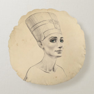 Almofada Redonda desenho do retrato de Nefertiti no papiro do Antig