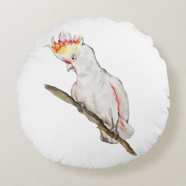 Almofada Redonda Desenho em aquarela de um papagaio-católico (Frente)