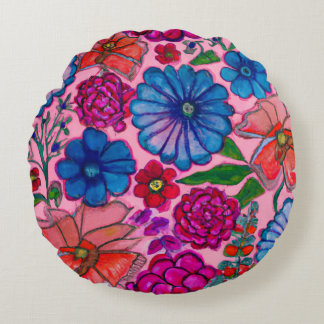 Almofada Redonda Desenho Floral Rosa e Azul