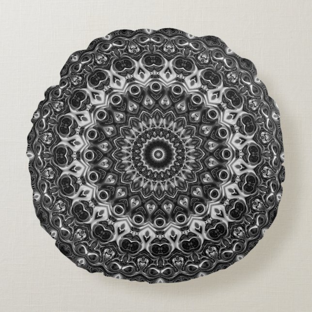 Almofada Redonda Desenho Geométrico Mandala Preto e Branco (Frente)