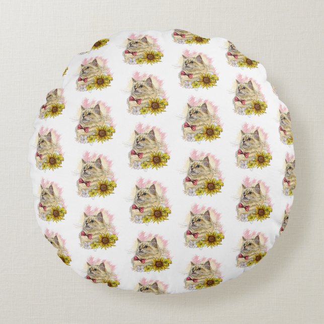 Almofada Redonda Desenho manual de um gato vermelho engraçado, Ragd (Frente)