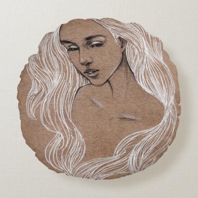 Almofada Redonda Desenho Retrato: Ilustração de Menina (Frente)