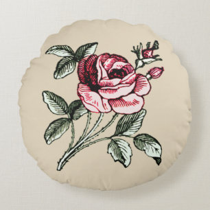Almofada Redonda Desenho romântico da rosa vermelha do vintage do