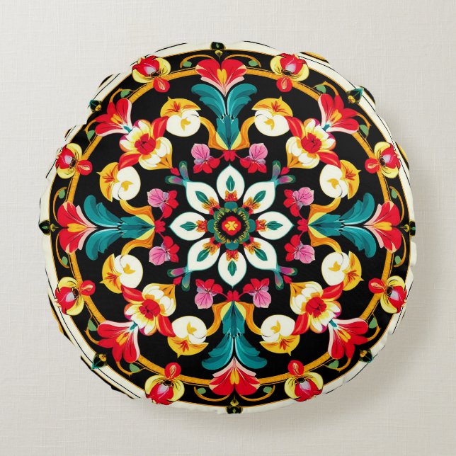Almofada Redonda Desenho Vibrante de Mandala Ornamentada (Frente)