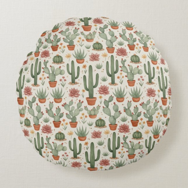 Almofada Redonda Desert Cacti Succulent Seamless Pattern (Frente)