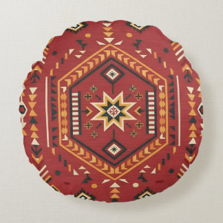 Almofada Redonda Desert Star Nomad – Vibrant Crimson Tribal Art