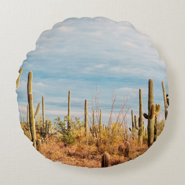 Almofada Redonda Deserto com cactos de Saguaro (Frente)