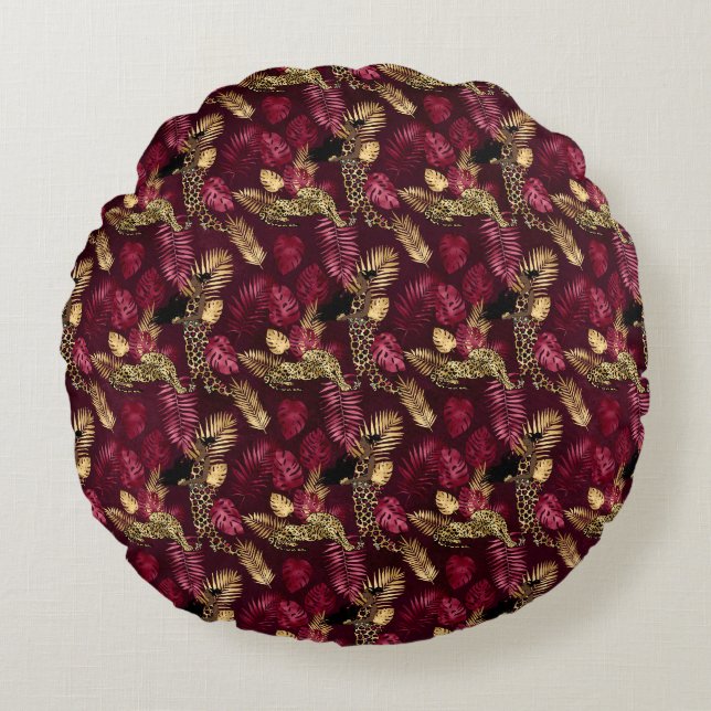 Almofada Redonda Design 12 da Série Burgundy e Dourada Leopard (Frente)