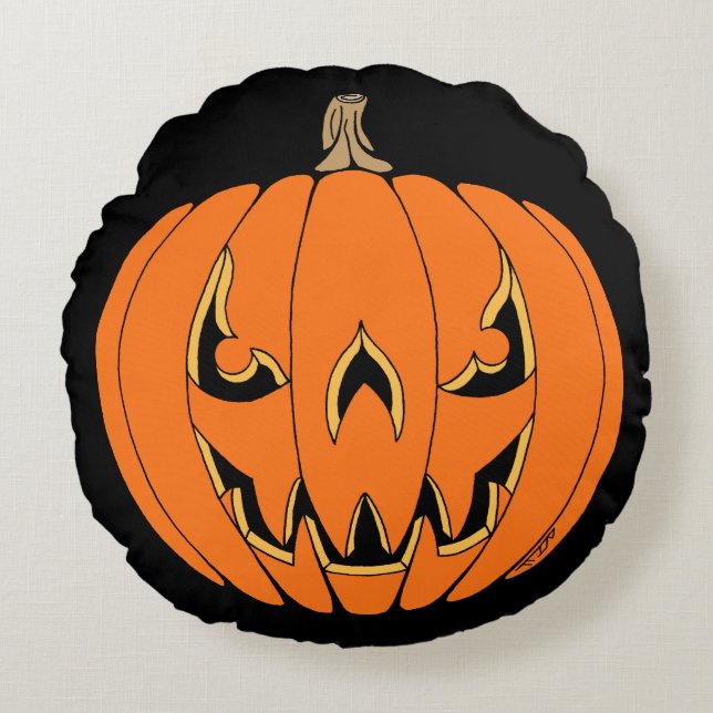 Almofada Redonda Design Assustador de Jack-o'-Lantern de Halloween (Frente)